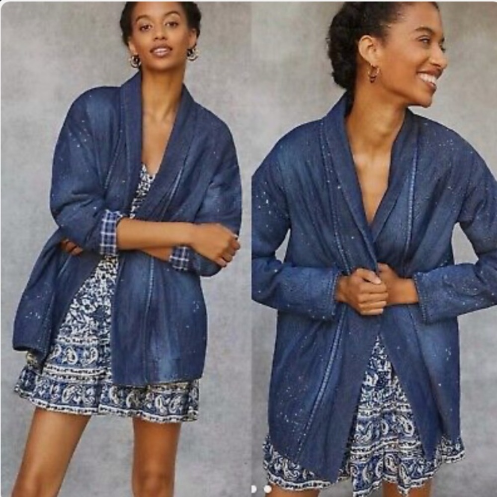 Anthropologie Pilcro Quilted Denim & Plaid Open Front Jacket